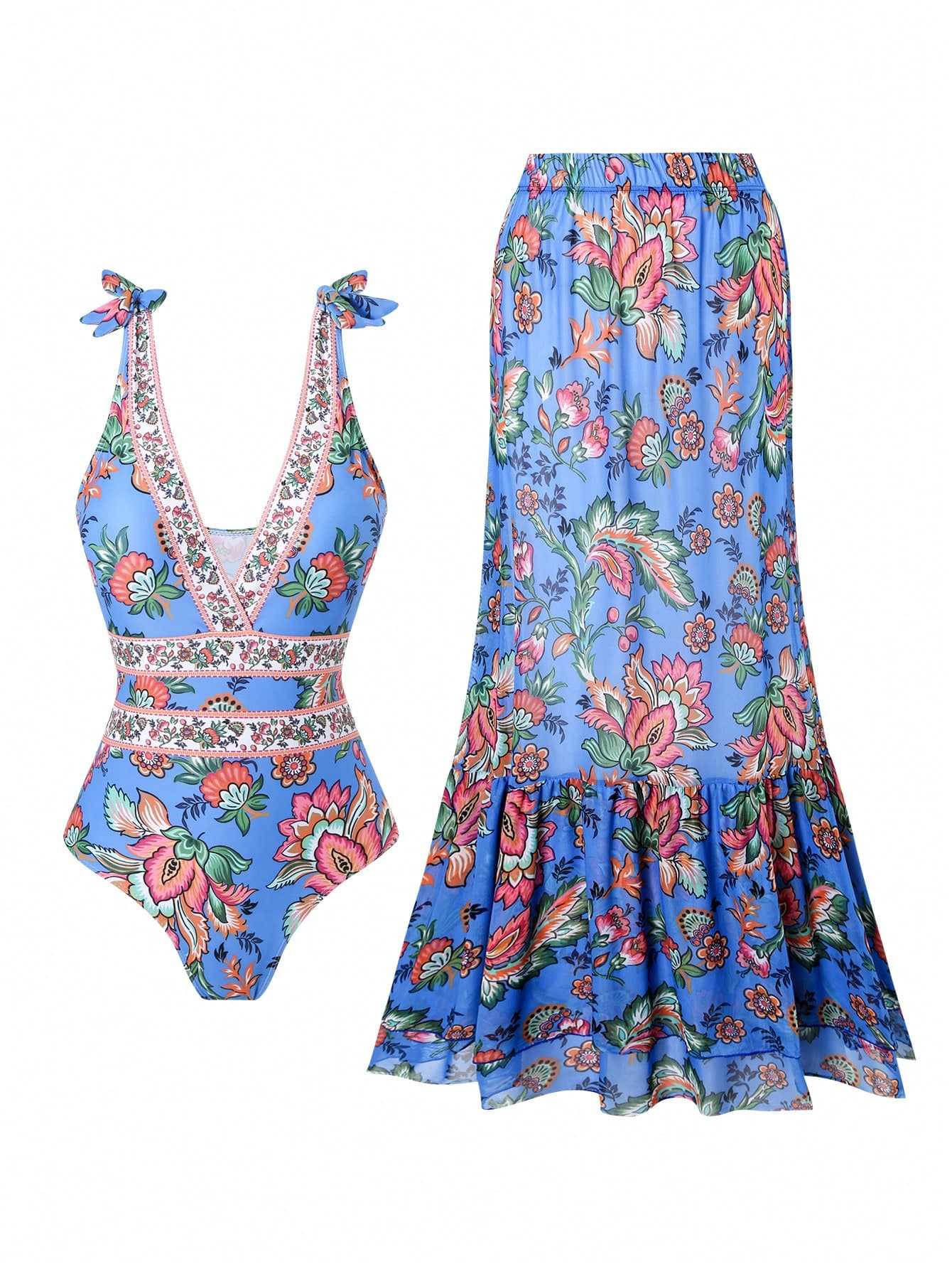 🔥Last Day 57% OFF💥💃 Bohemia V Neck Lace Up Printed Convertible One Piece Swimsuit & Coverup