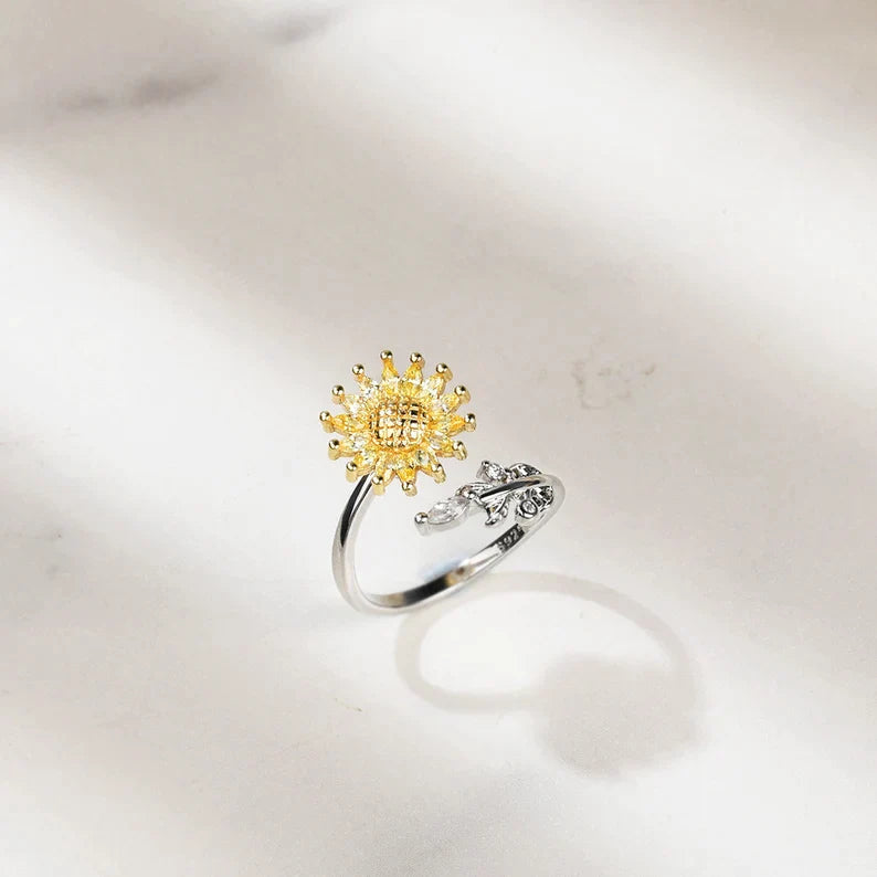 For Daughter-S925 Sunflower Fidget Ring Anxiety Spinning Ring" It Can Drive Away Your Anxiety"