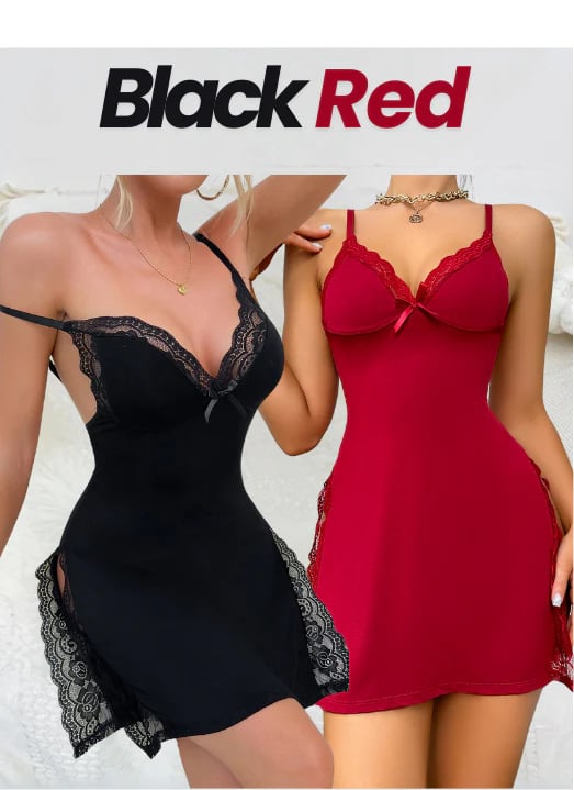 🔥Valentine's Day Hot Sale - 49% OFF🎁Lace Trim Slit Bowknot Decor Sleep Dress