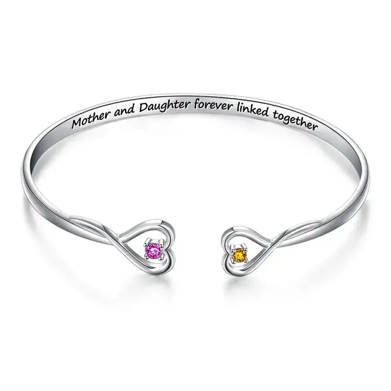 MOTHER AND DAUGHTER FOREVER LINK DOUBLE HEART CUSTOM BIRTHSTONE BRACELET