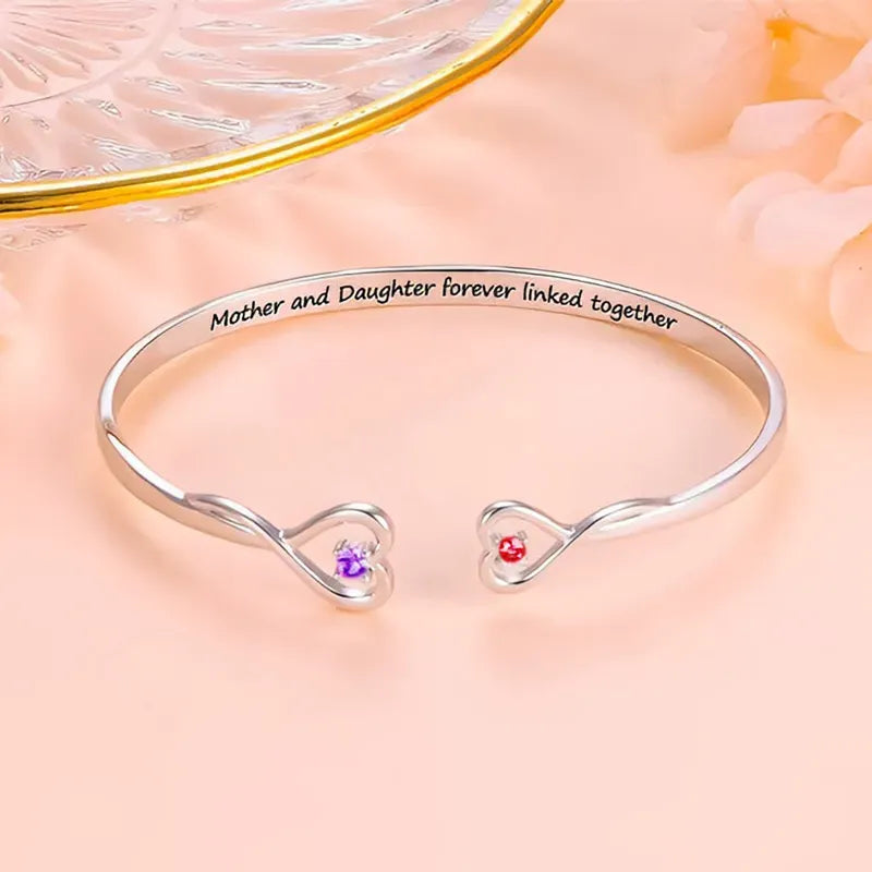 MOTHER AND DAUGHTER FOREVER LINK DOUBLE HEART CUSTOM BIRTHSTONE BRACELET