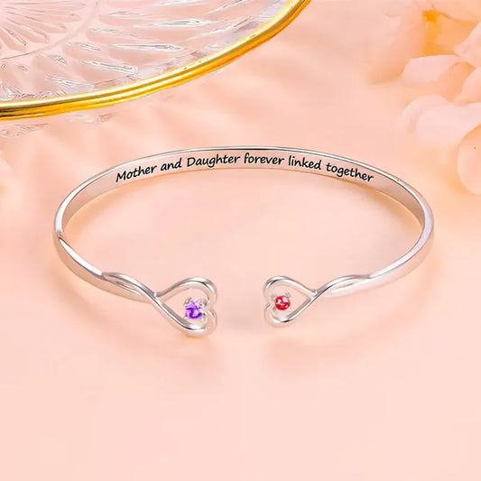 MOTHER AND DAUGHTER FOREVER LINK DOUBLE HEART CUSTOM BIRTHSTONE BRACELET