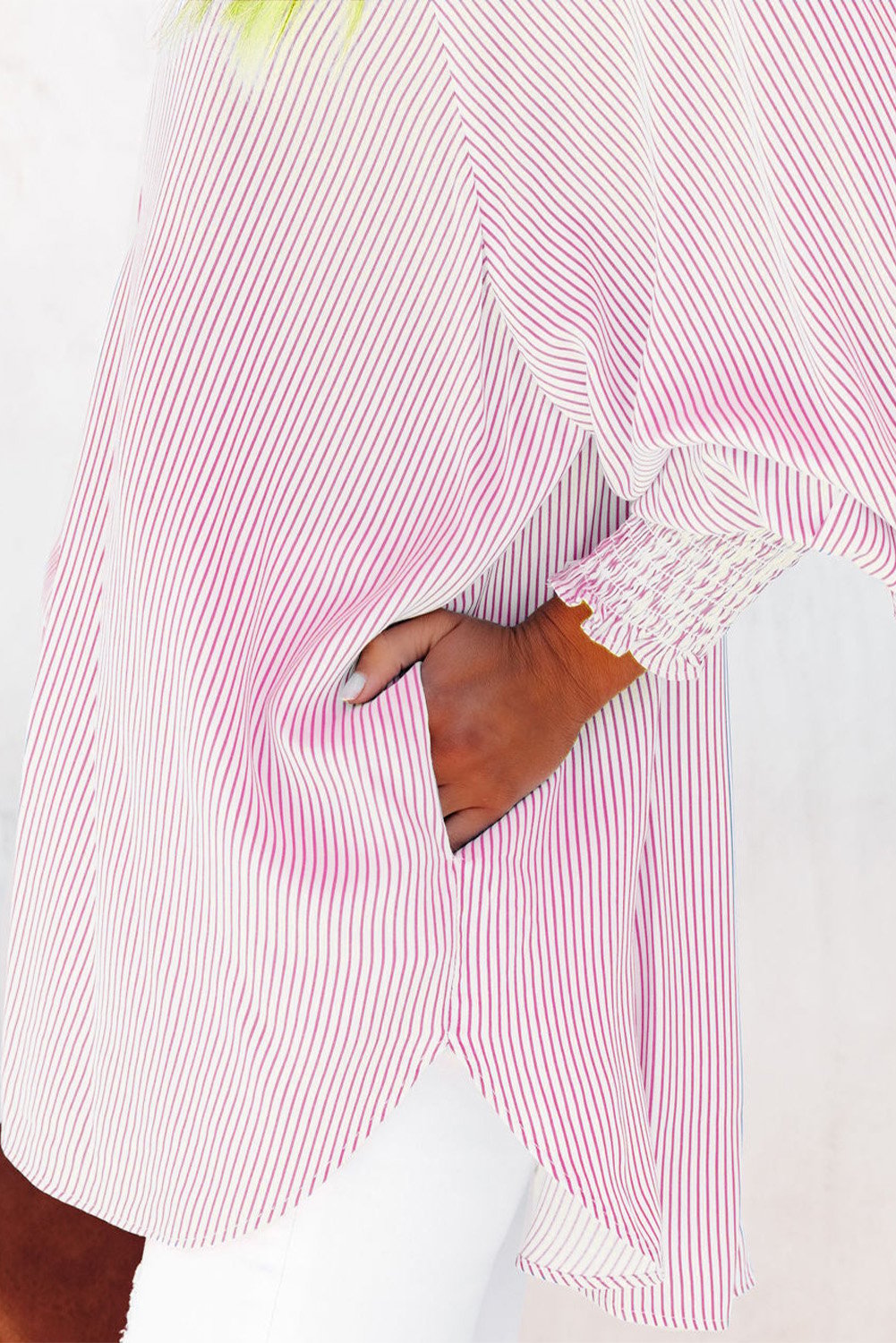 💥Mid-length smocked shirt with striped lapel and oversized drawdown sleeves