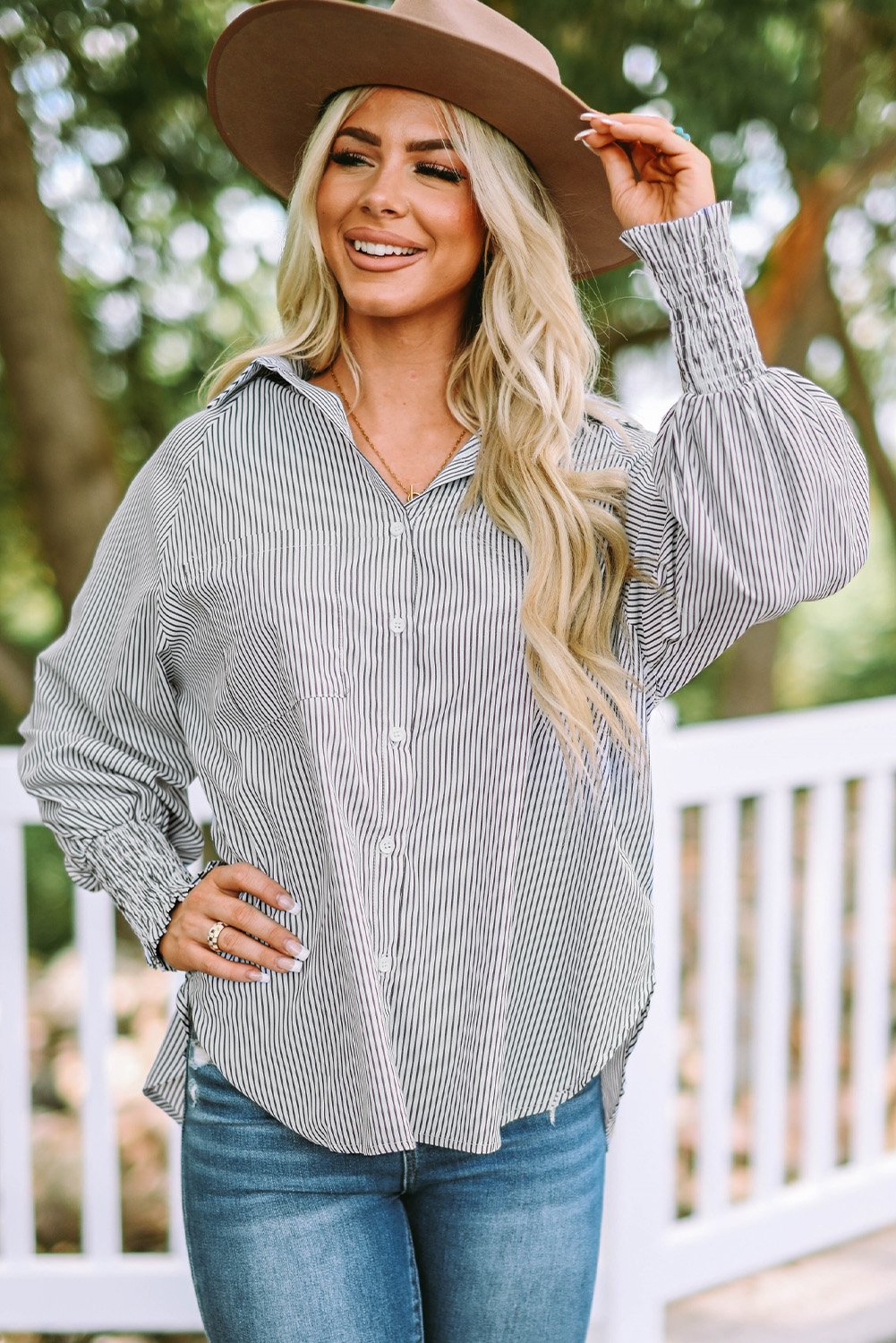💥Mid-length smocked shirt with striped lapel and oversized drawdown sleeves