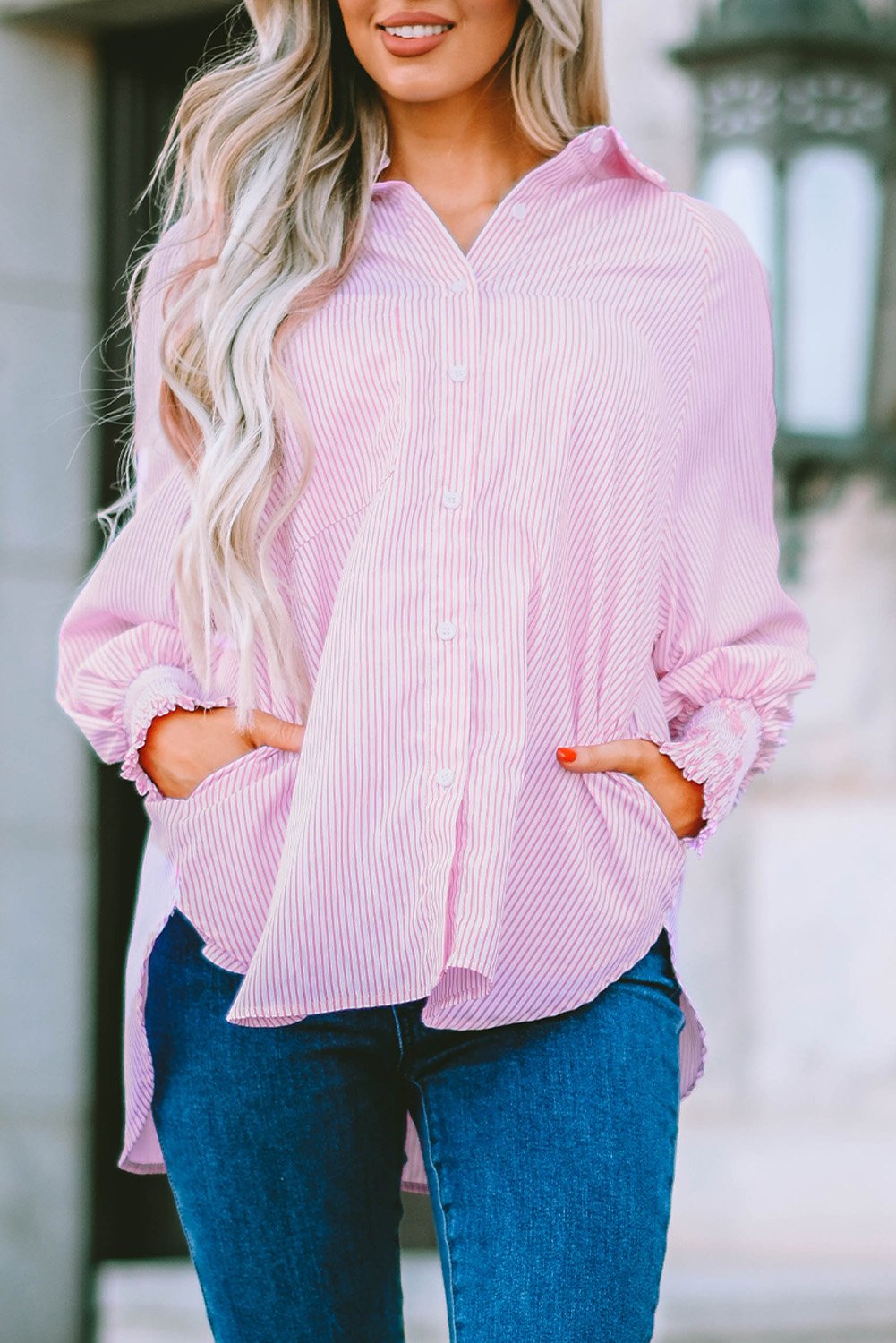💥Mid-length smocked shirt with striped lapel and oversized drawdown sleeves
