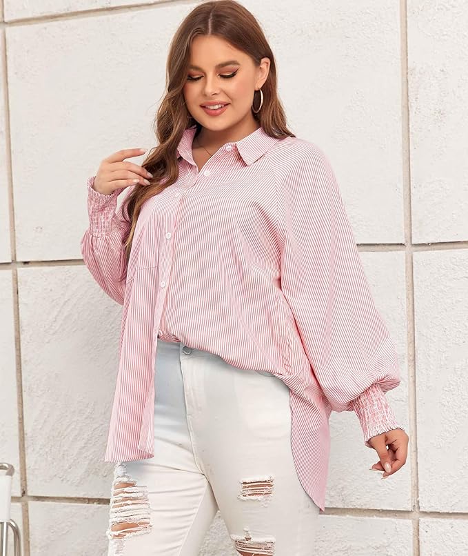 💥Mid-length smocked shirt with striped lapel and oversized drawdown sleeves