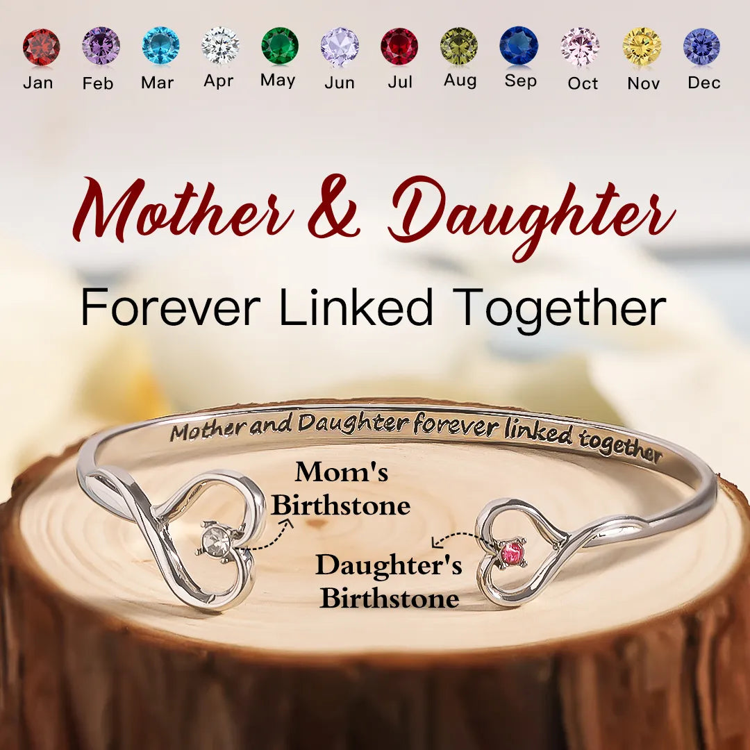 MOTHER AND DAUGHTER FOREVER LINK DOUBLE HEART CUSTOM BIRTHSTONE BRACELET