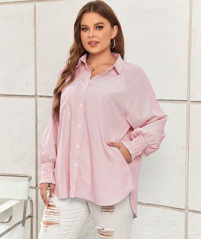 💥Mid-length smocked shirt with striped lapel and oversized drawdown sleeves
