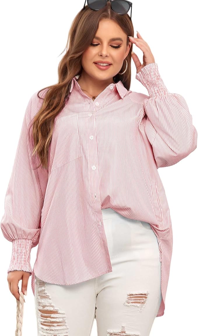 💥Mid-length smocked shirt with striped lapel and oversized drawdown sleeves