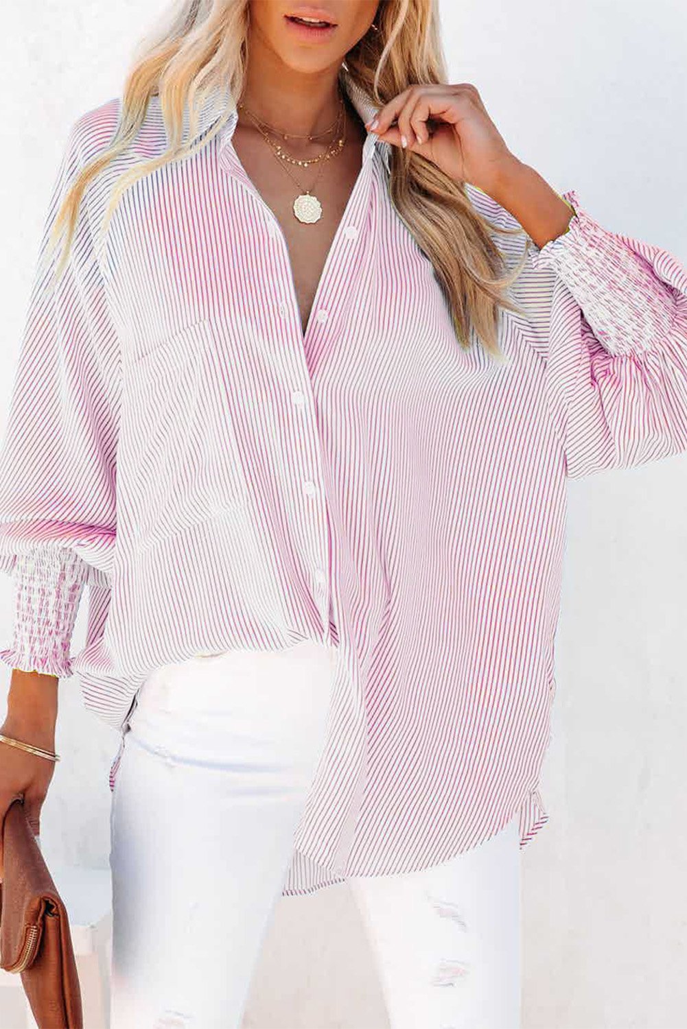 💥Mid-length smocked shirt with striped lapel and oversized drawdown sleeves