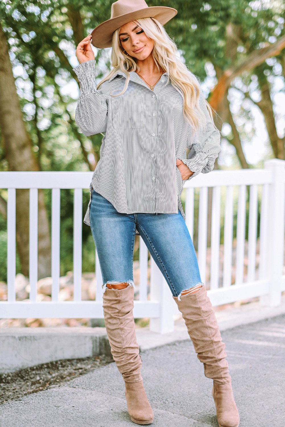 💥Mid-length smocked shirt with striped lapel and oversized drawdown sleeves