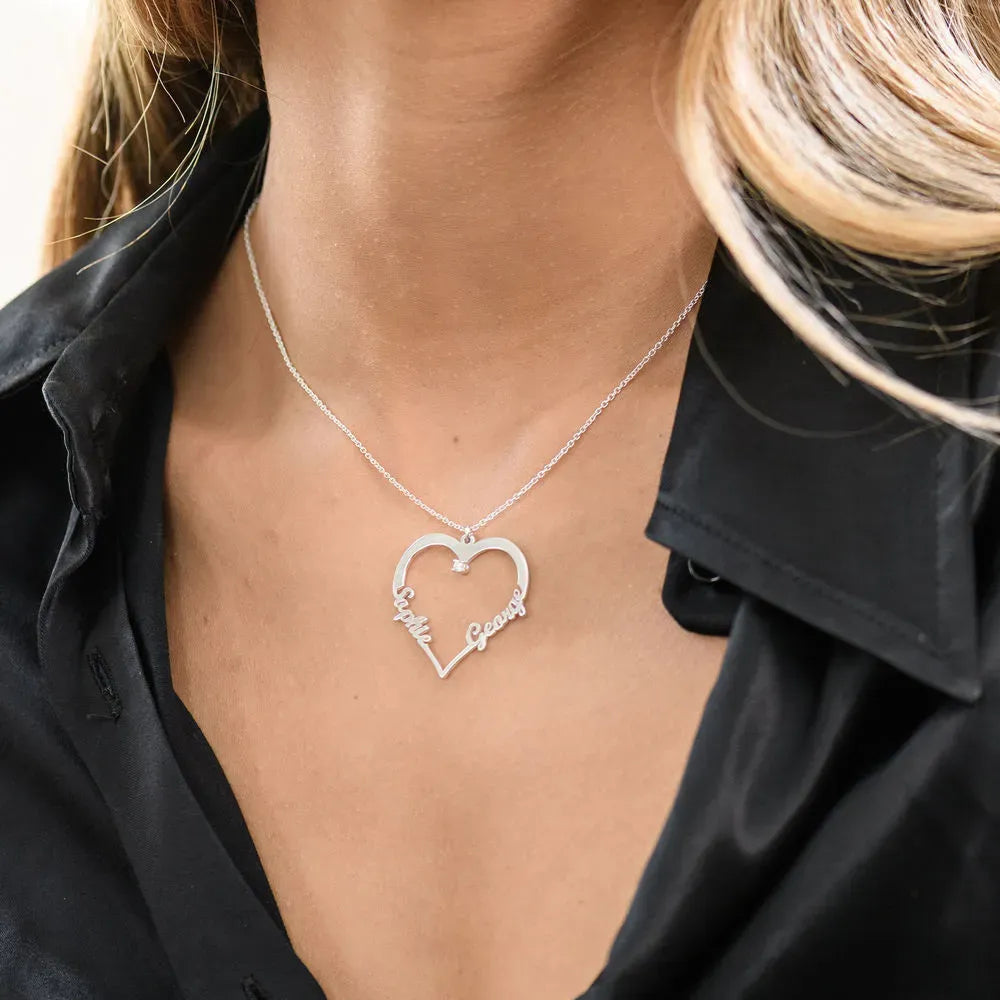 Mother's Day Gift Contour Heart Pendant Necklace with Two Names