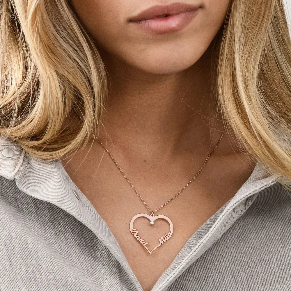 Mother's Day Gift Contour Heart Pendant Necklace with Two Names