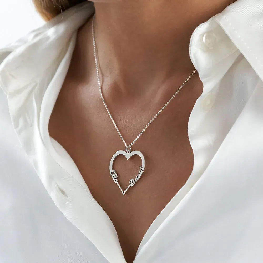 Mother's Day Gift Contour Heart Pendant Necklace with Two Names